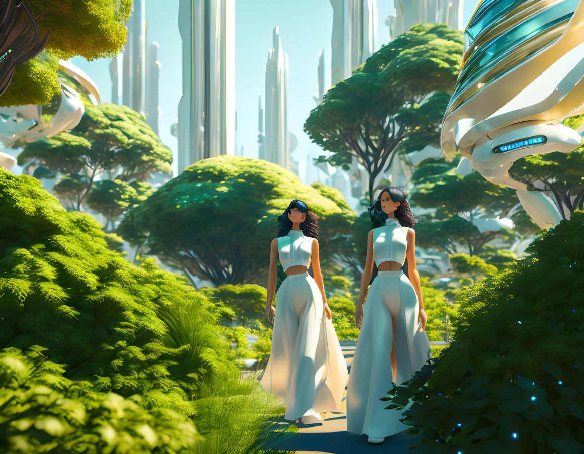 Futuristic scene: Two women in advanced park setting