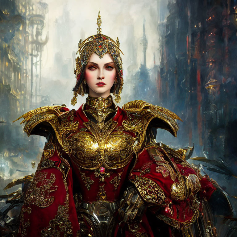 Regal woman in golden armor with crown on dark fantasy cityscape.