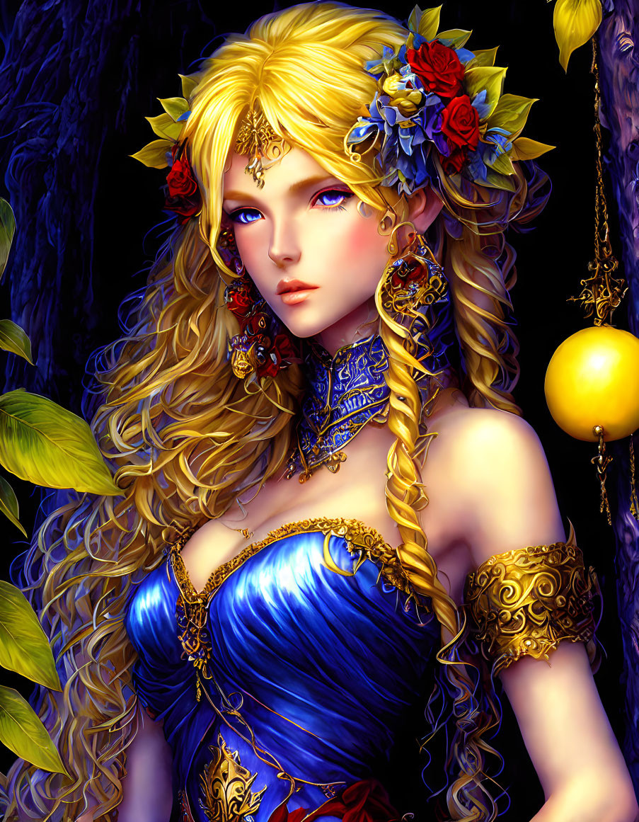 Illustrated Woman with Golden Hair and Blue Corset in Dark Forest