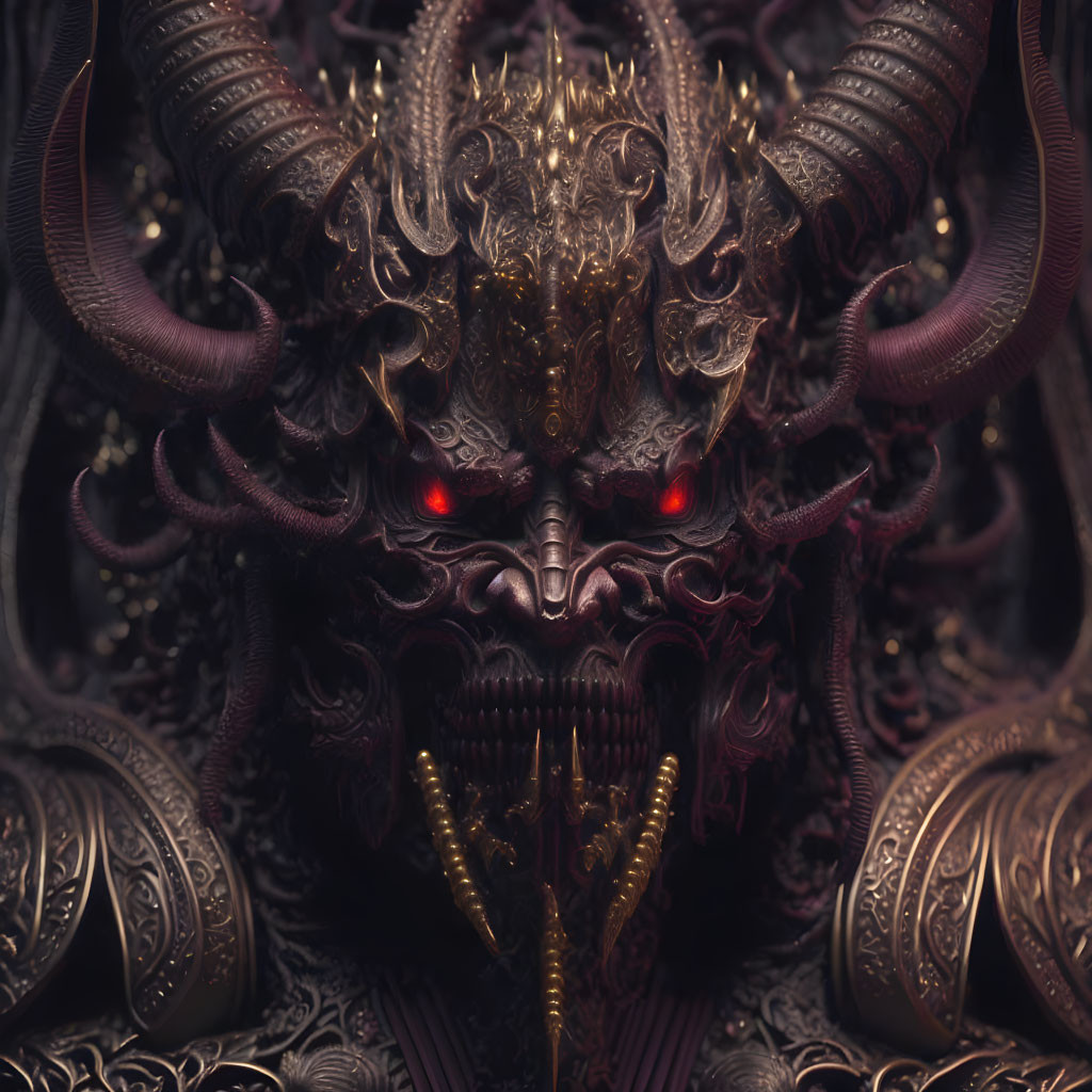 Detailed Dark Fantasy Creature with Red Eyes and Ornate Horns