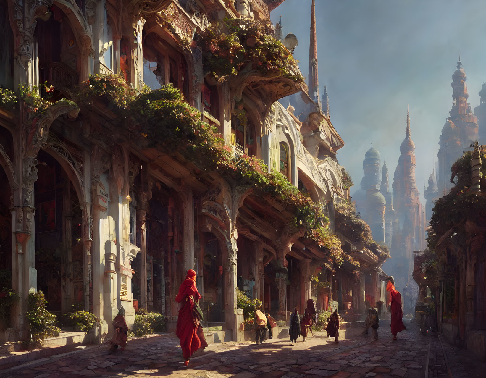 Fantasy city street scene with ornate buildings, diverse attire, and warm dappled light