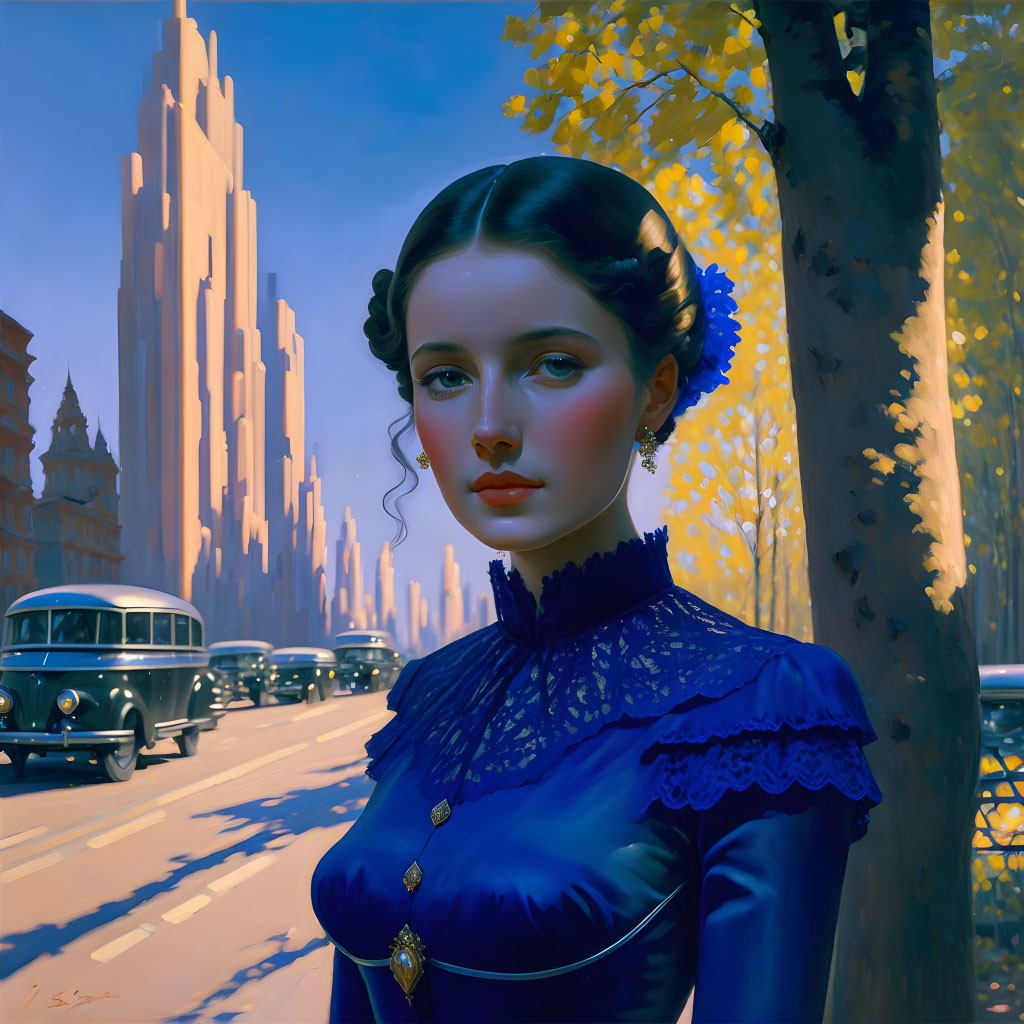 Intricate blue attire woman portrait with vintage cars and buildings