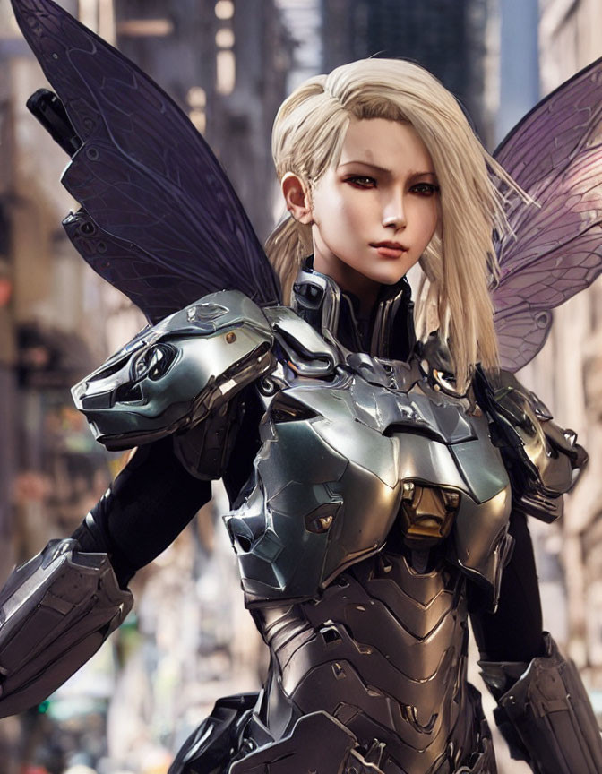 Futuristic digital art: Blonde woman in metallic armor with mechanical wings