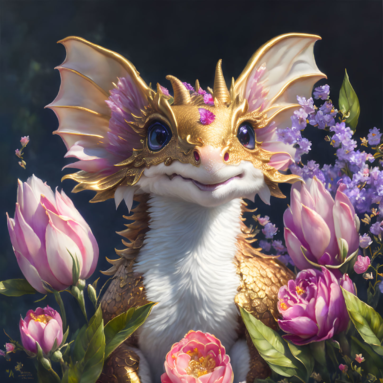 Whimsical dragon with golden horns in pink and purple flower setting