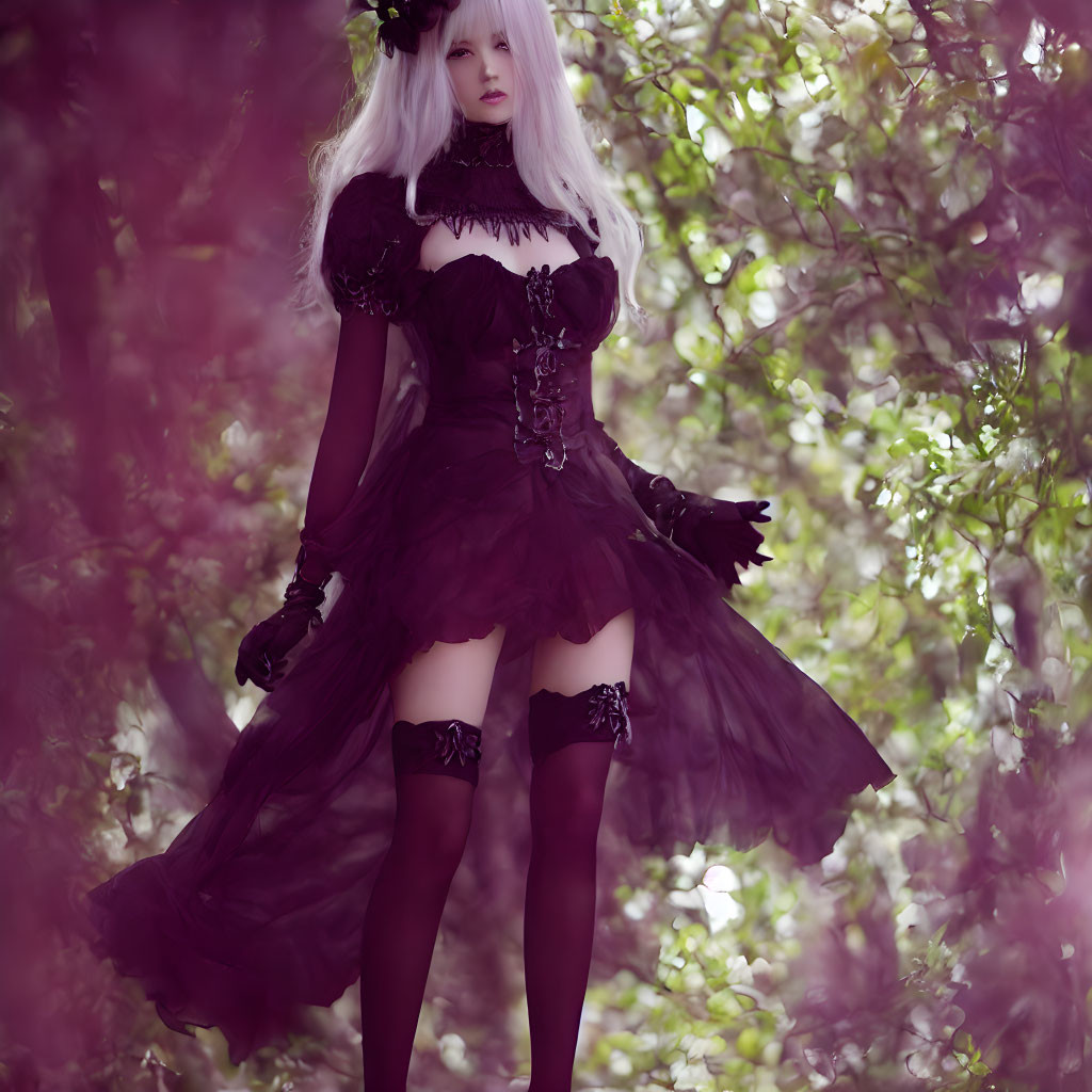 Gothic Lolita-style person in black dress among green foliage.