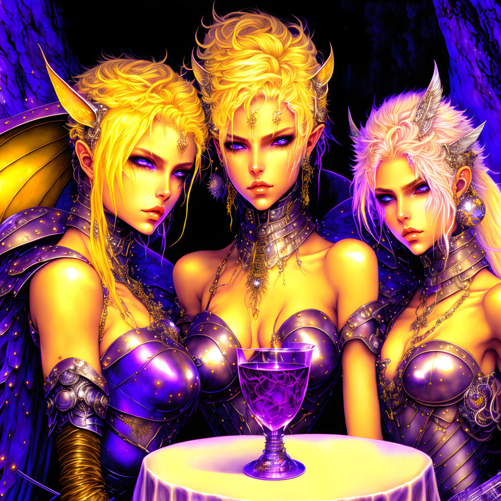 Fantasy elves with golden hair and armor at a table in mystical forest.