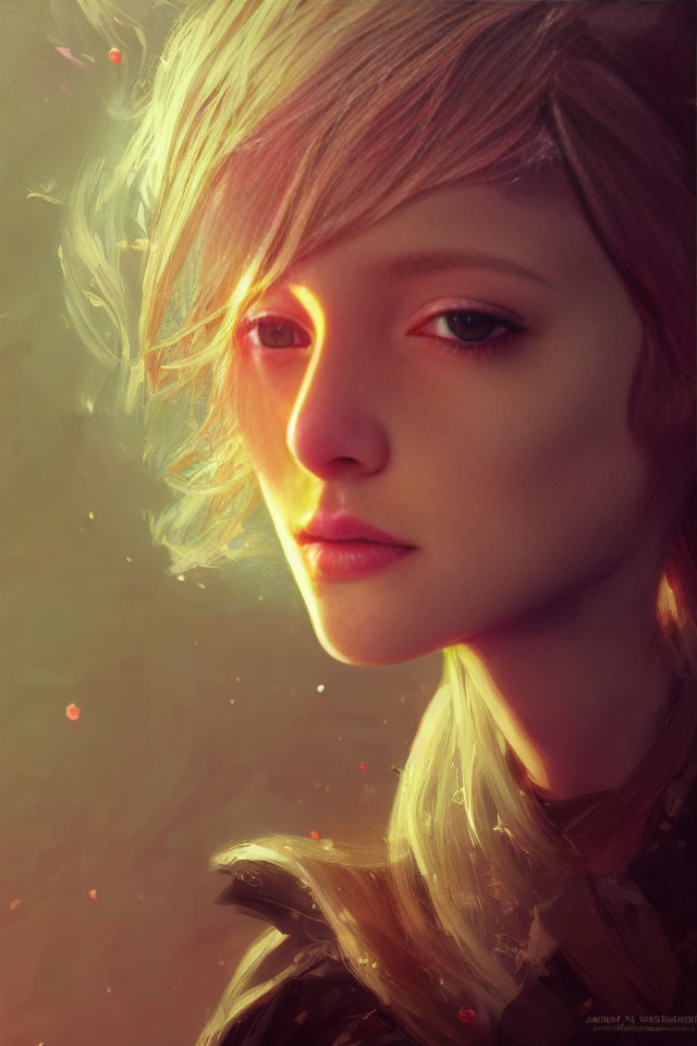 Person with Golden Hair and Subtle Glow in Warm Colors and Floating Embers