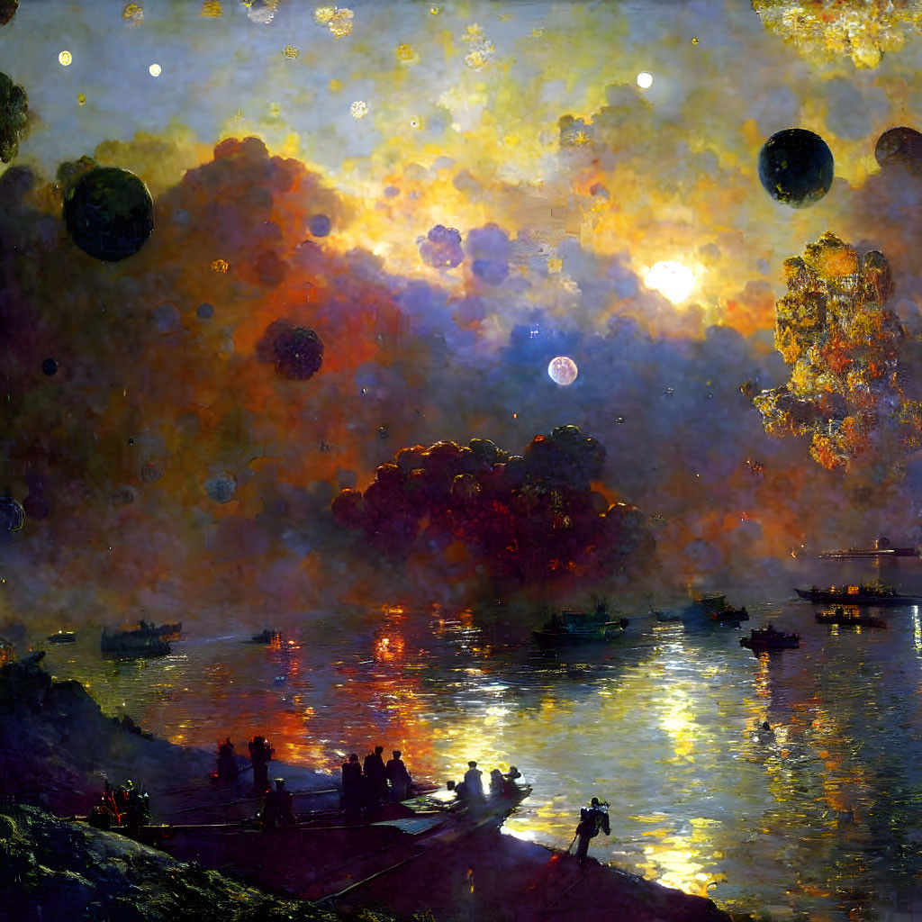 Impressionist sunset painting with orange and yellow hues reflected on water