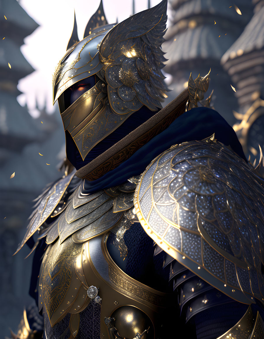 Detailed Armored Knight with Golden Engraving and Blue Cloak in Castle Setting