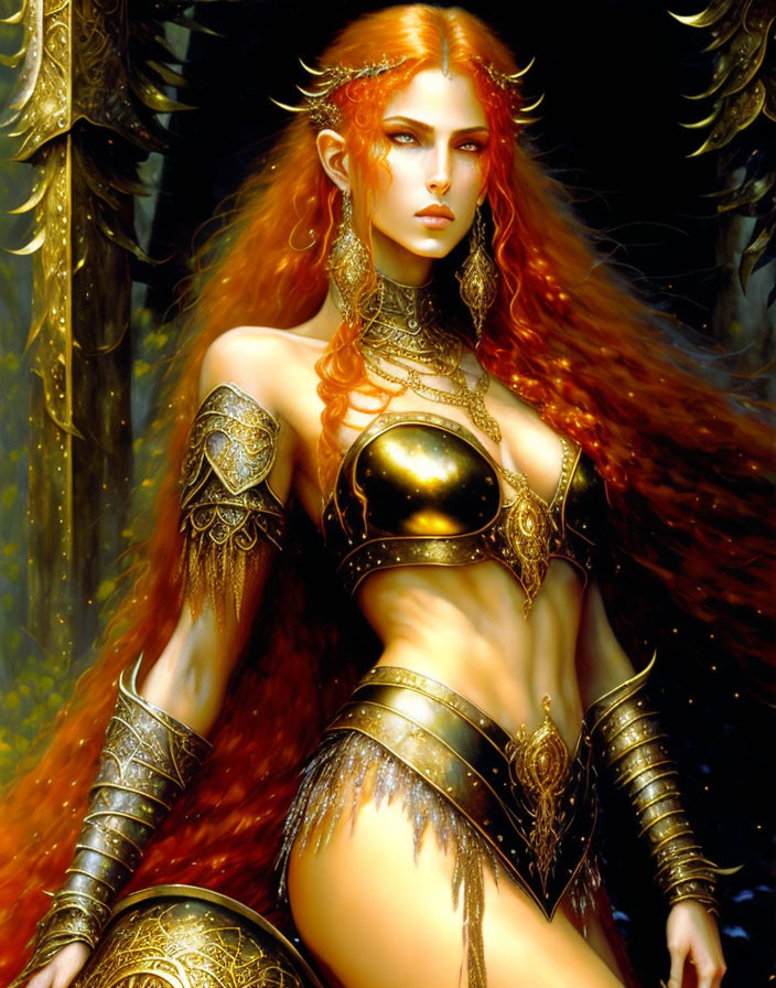 Fantasy digital art of a woman in golden armor with red hair