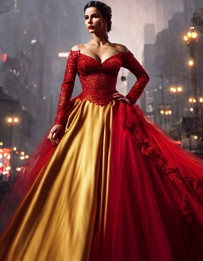 Woman in red and gold gown with lace sleeves against urban twilight backdrop