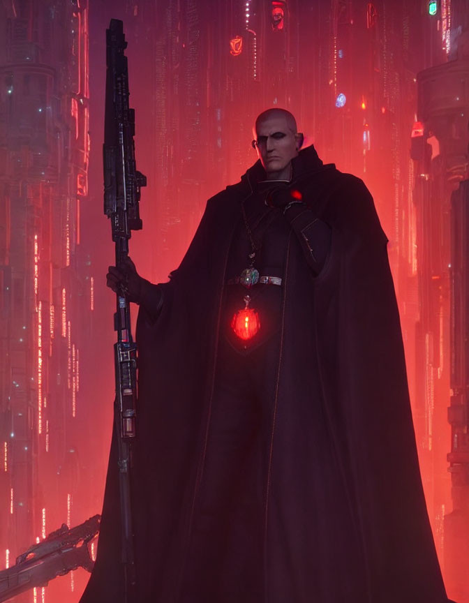 Mysterious figure in dark cloak with rifle against futuristic cityscape