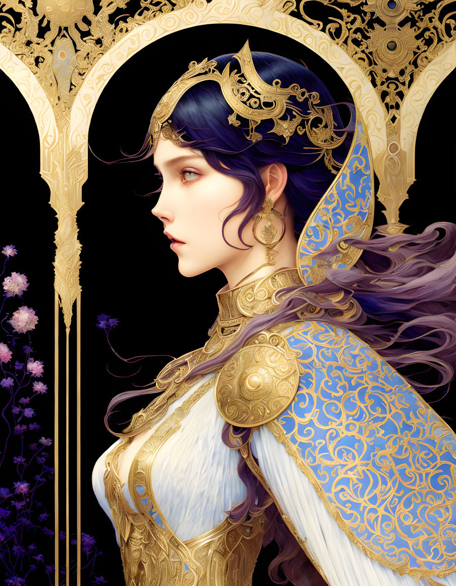 Royal attire illustration: woman with blue hair in elegant gold and blue outfit