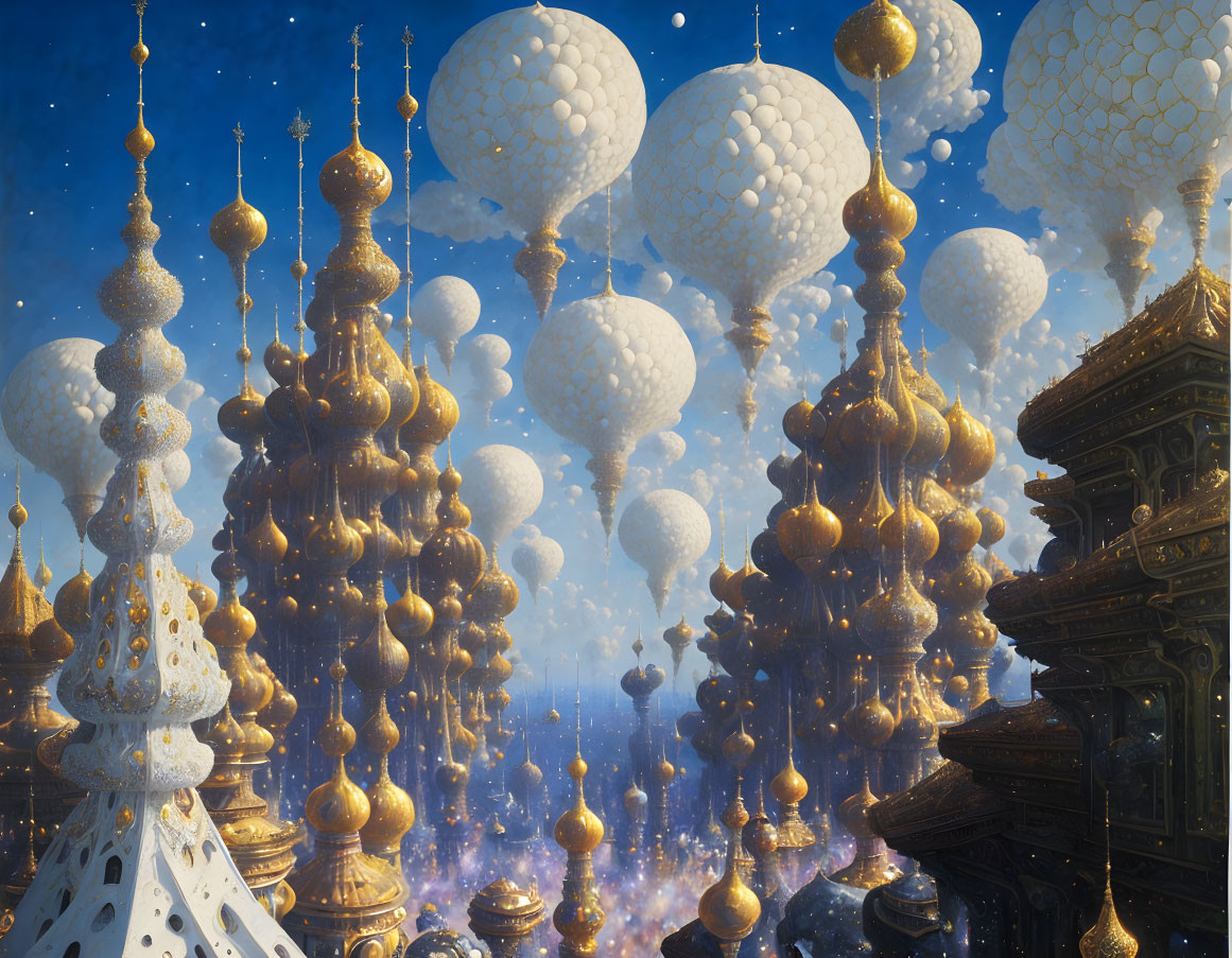 Ethereal cityscape with floating golden domes and spires