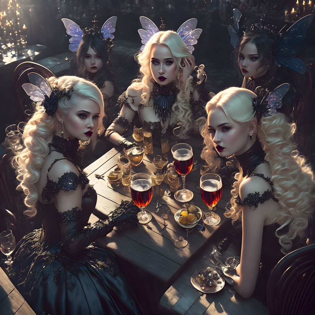 Intricate butterfly-winged women in dark dresses gather in mystical forest.