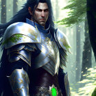 Male elf in blue & gold leaf armor in lush forest