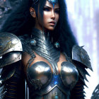 Digital artwork: Woman in intricate metallic armor with futuristic design against blurred light background