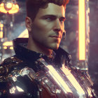 Futuristic armor man with styled hair in digital art