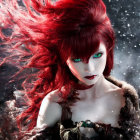 Character with Red Hair and Green Eyes in Dark Armor on Snowy Background