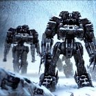 Two armored bipedal robots in snowy landscape with pine trees