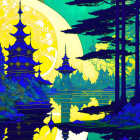 Vibrant stylized illustration of golden pagodas, pine trees, moon, and water.