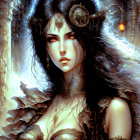 Fantasy digital artwork: Pale-skinned woman in ornate black armor