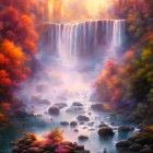 Autumnal forest waterfall cascading into serene pool