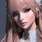Character with Pink Hair, Blue Eyes, Pearl & Gemstone Headpiece, White Feathers