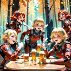 Five Anime-Style Girls in Winter Clothing Enjoying Desserts in Snowy Forest