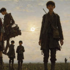 Three boys in vintage attire standing in a field at sunset