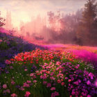 Fantastical landscape with purple and pink flowers and illuminated towers