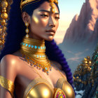 Regal woman illustration with gold jewelry and blue headpiece against mountain backdrop