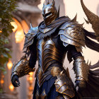 Fantasy armored knight with winged helmet and ornate metal gauntlets in gothic scene