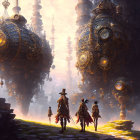 Three individuals in ornate clothing observe steampunk spheres in mystical landscape.