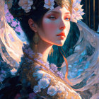 Detailed digital artwork: Woman with floral headpiece, golden earrings, intricate embroidery, mystical glow