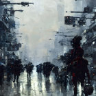 Futuristic city street with mechs and armored figures in rain-soaked setting