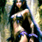 Blue-horned female character in intricate armor with mystical waterfalls background