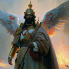 Regal figure with angelic wings in royal attire and crown against fiery backdrop