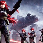 Futuristic soldiers with red hair in armor and battle aircraft in dramatic sky