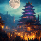 Large Moon Illuminates Ancient Pagoda Buildings in Mystical Night Scene