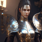 Detailed digital artwork of woman in ornate armor with glowing gem