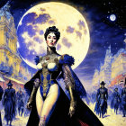 Illustration of woman in dramatic costume under large moon with figures in cloaks and ornate buildings.