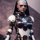 Bald head humanoid robot with intricate mechanical details on industrial backdrop