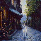 Cat walking on cobblestone path in enchanting garden with ivy-covered walls, blooming flowers