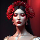 Woman with Red Makeup and Flower Hair: Mysterious Gaze on Red Background