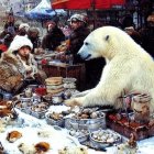 Polar bear in bustling marketplace with vendors and visitors