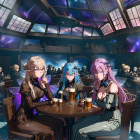 Three female anime characters in futuristic outfits drinking beer in a spaceship.