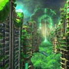 Futuristic cityscape with towering buildings and glowing green beam