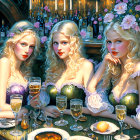 Three women in period dresses with floral crowns and champagne glasses in an elegant setting.