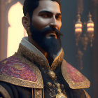 Bearded man in historical attire with ornate jewelry and intricate architectural backdrop